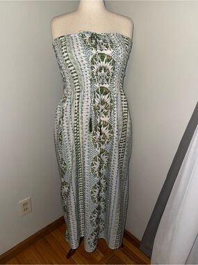 Agnes B. White and Green Strapless Maxi Dress